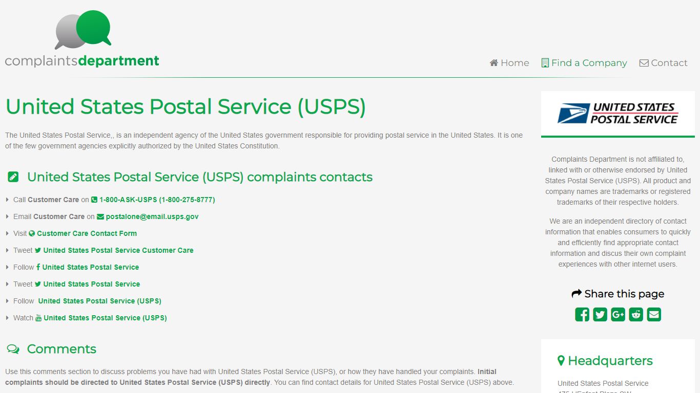 United States Postal Service (USPS) - Complaints Department
